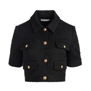 NWT $465 Alice + Olivia  elle patch pocket jacket Size 14 Black tweed Gold Large